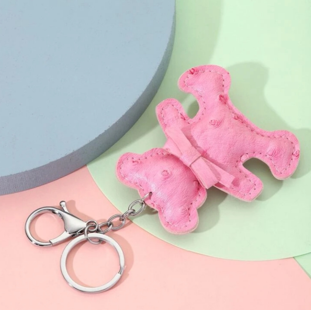 LEATHER PINK TEDDY BEAR KEYCHAIN OR PURSE CHARM - Picture 2 of 3